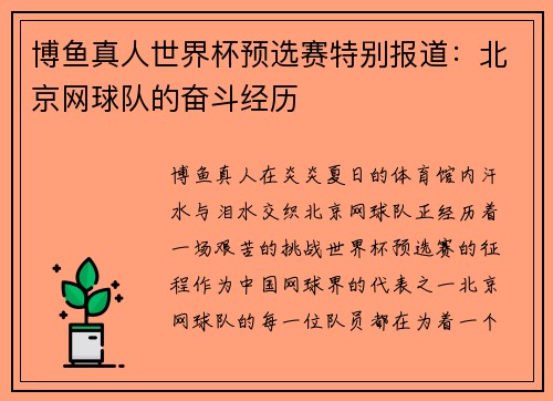 博鱼真人世界杯预选赛特别报道：北京网球队的奋斗经历